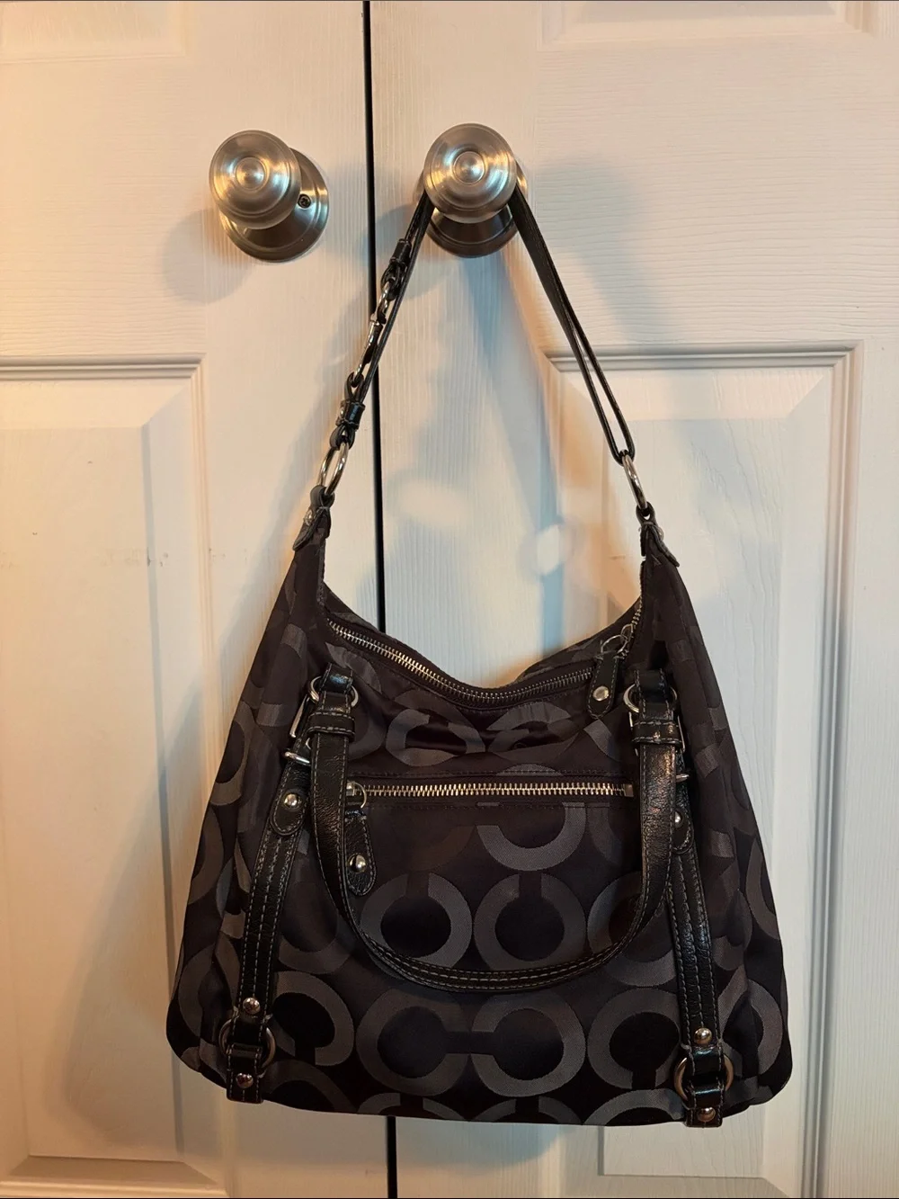 Vintage Coach Op Art Sateen Alexandra Black Signature Circle Shoulder Bag
